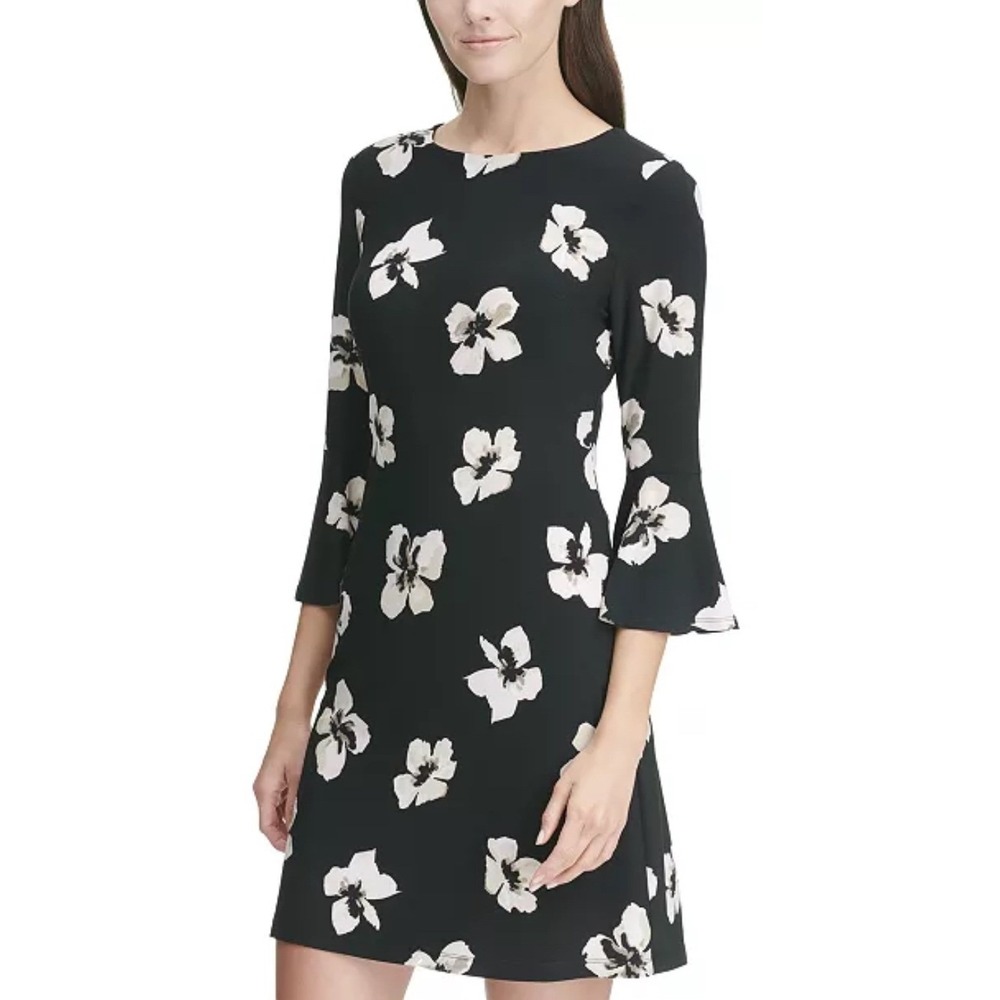 Tommy Hilfiger Black Floral Print 3/4 Sleeve Sheath Dress Womens Size‎ 4